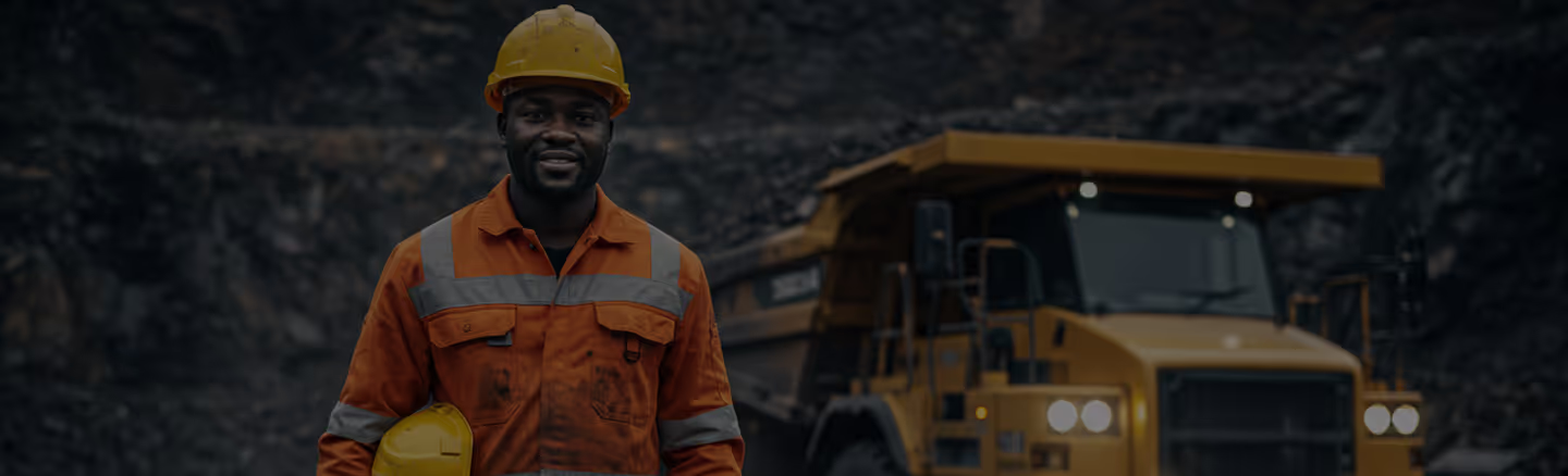 A smiling mine worker wearing a yellow hard hat and orange high-visibility overalls stands in front of a large yellow dump truck at a Bbabsal Mines site.